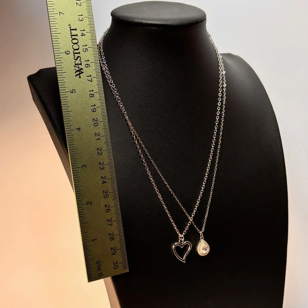 Necklace Set Silver Heart Teardrop Rhinestone Pendant Y2K Coquette